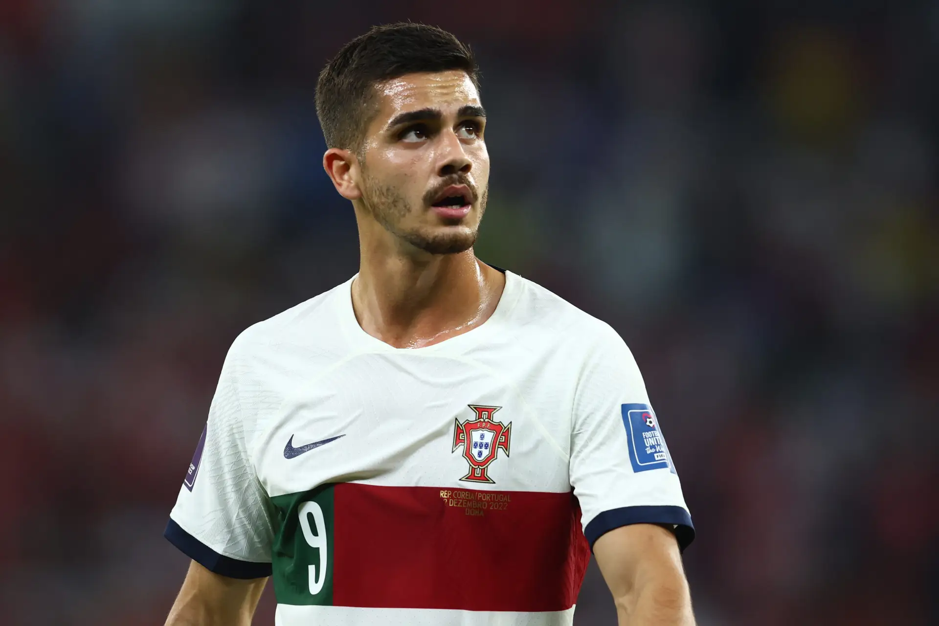 AL RAYYAN, QATAR – DECEMBER 02: Andre Silva of Portugal in action during the FIFA World Cup Qatar 2022 Group H match between Korea Republic and Portugal at Education City Stadium on December 2, 2022 in Al Rayyan, Qatar. (Photo by Chris Brunskill/Fantasista/Getty Images)