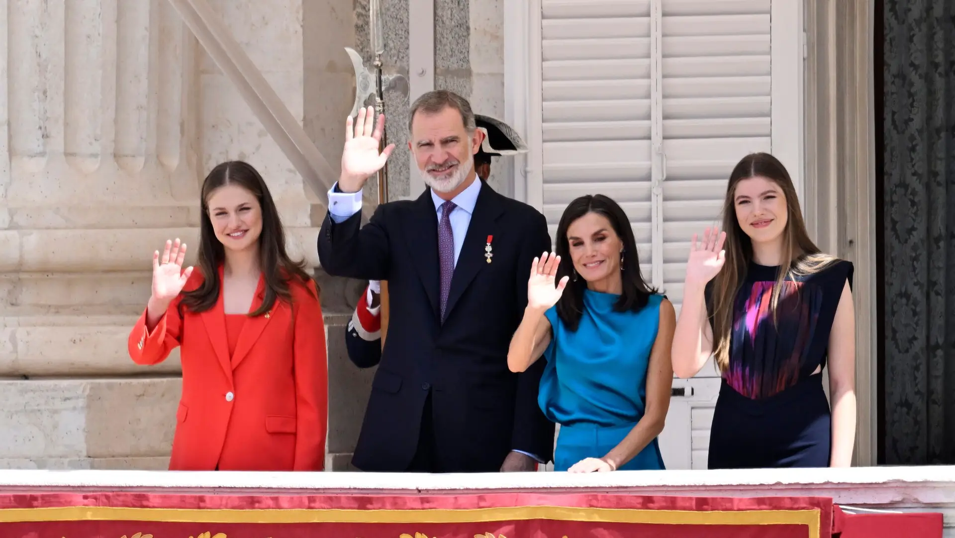 MADRID, SPAIN – JUNE 19: Crown Princess Leonor of Spain, King Felipe VI of Spain, Queen Letizia of Spain and Princess Sofia of Spain attends the solemn release of the royal guard during the celebration events of the 10th anniversary of the proclamation of his majesty King Felipe VI of Spain at The Royal Palace on June 19, 2024 in Madrid, Spain. (Photo by Carlos Alvarez/2024 Carlos Alvarez)