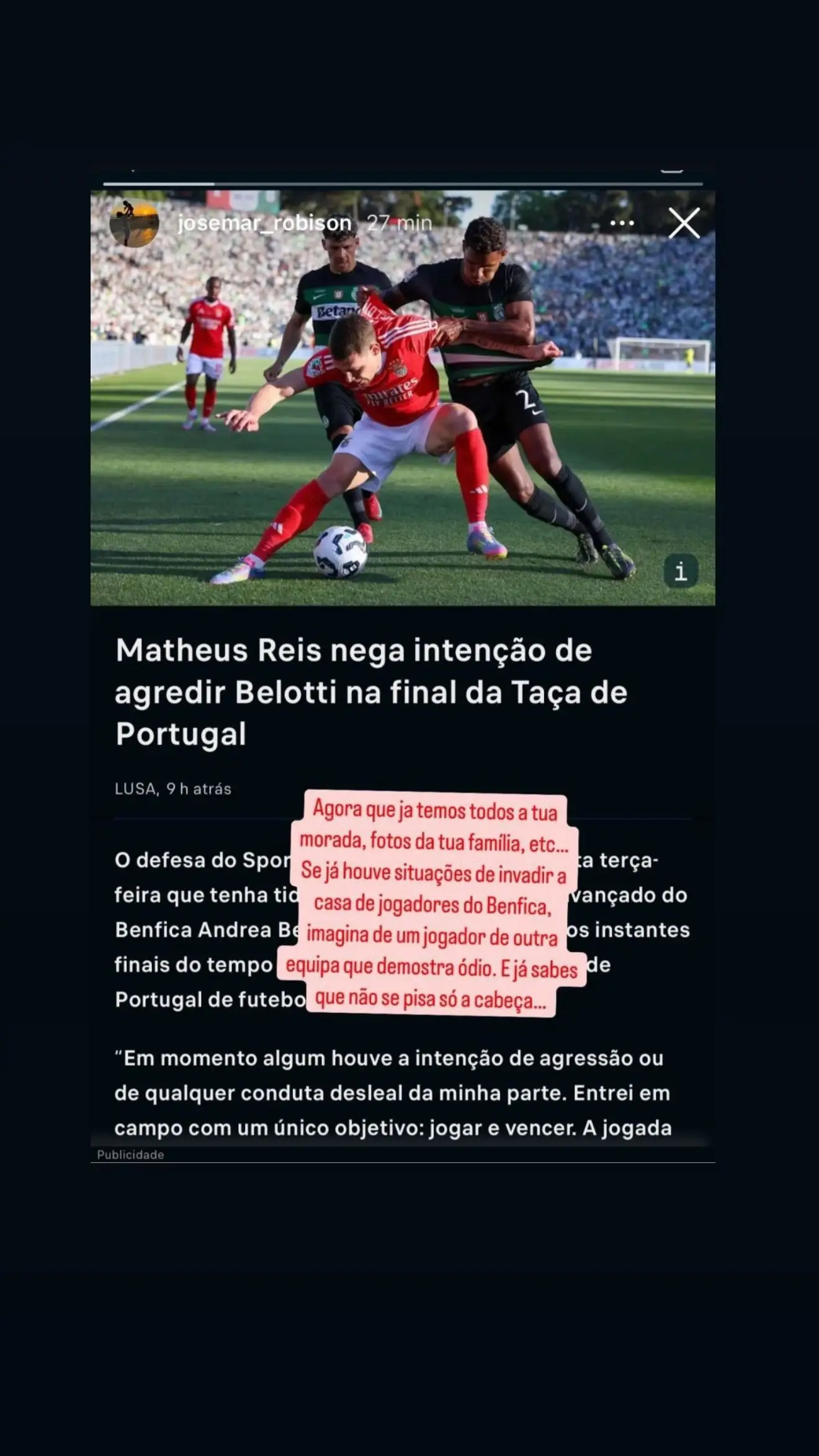 "Já temos a tua morada, fotos da tua família" — Mulher de Matheus Reis expõe ameaças de morte