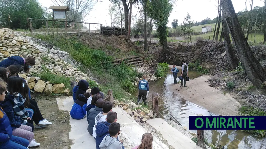Foto CM Azambuja- Crianças assistiram a acção de monitorização na Ribeira de Aveiras, em Aveiras de Baixo