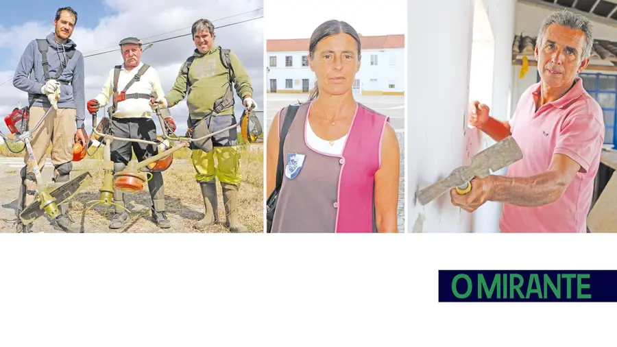 Hugo Cação, João Desidério e João Ramos começam o corte da vegetação às sete da manhã para fintar o calor. Isabel Desidério passa o dia de trabalho debaixo de sol. O pedreiro Vítor Santos já se sentiu mal devido ao calor