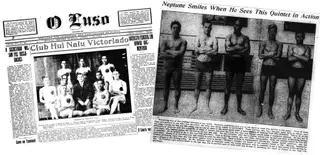 Digressão. Duke Kahanamoku (ao centro, última fila) numa primeira página do jornal “O Luso”, de Honolulu, em 1912; “Cinco dos maiores nadadores do mundo”, entre eles George Cunha e Duke Kahanamoku (segundo e terceiro a contar da esquerda), primeira página do “Honolulu Star-Bulletin”, 1917 