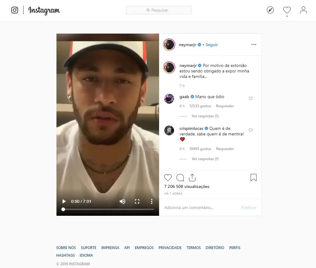Polícia brasileira vai interrogar Neymar por divulgação de imagens íntimas. Chama-se a isso um crime virtual