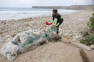 Joana Schenker a recolher lixo de uma praia. Foto: Francisco Pinheiro