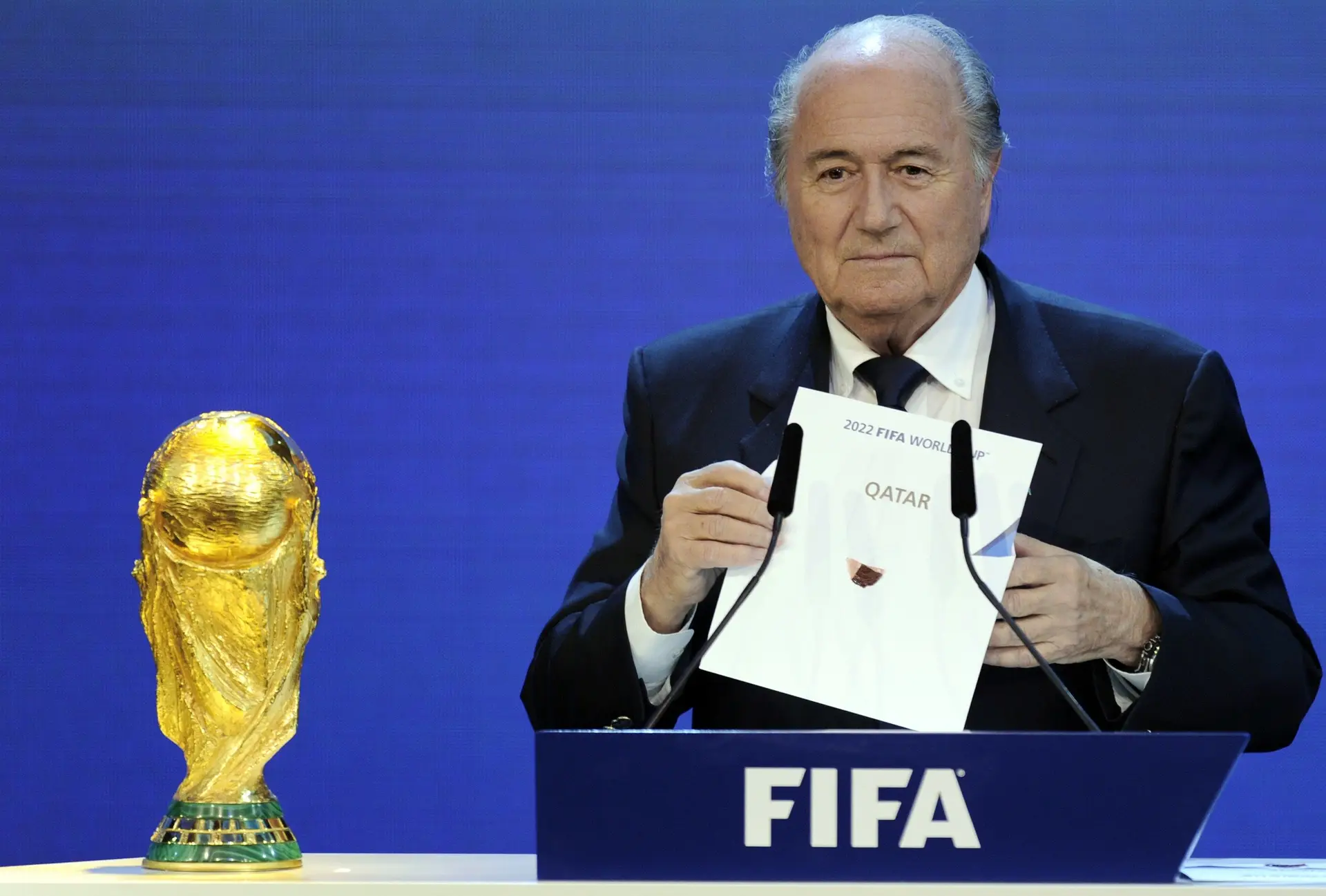 O momento em Blatter anuncia, em 2010, que o Mundial 2022 seria no Catar