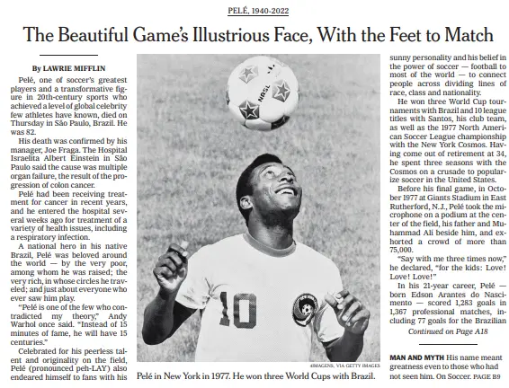 Pelé na primeira página do New York Times.