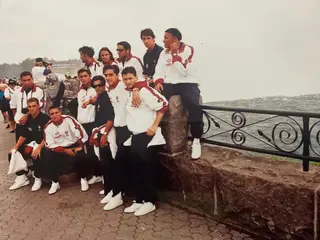 A seleção que foi aos Jogos Olímpicos de Atlanta em 1996, num momento de descontração 