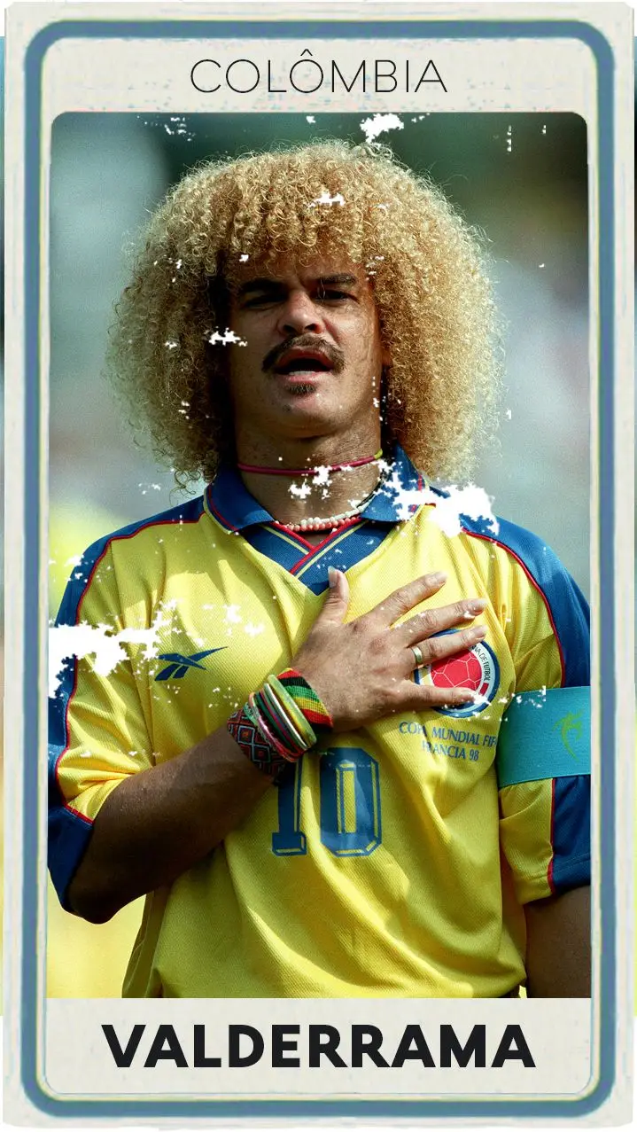 A farta melena da Carlos Valderrama jogou em três Mundiais (1990, 1994 e 1998): fez 112 jogos pela seleção e marcou 11 golos