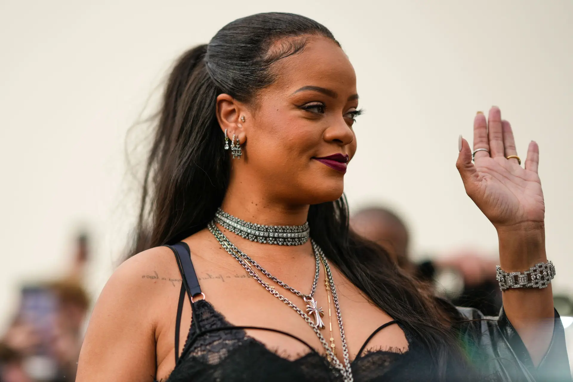 PARIS, FRANCE – MARCH 01: Rihanna is seen outside the Dior show, during Paris Fashion Week – Womenswear F/W 2022-2023, on March 01, 2022 in Paris, France. (Photo by Edward Berthelot/Getty Images)
