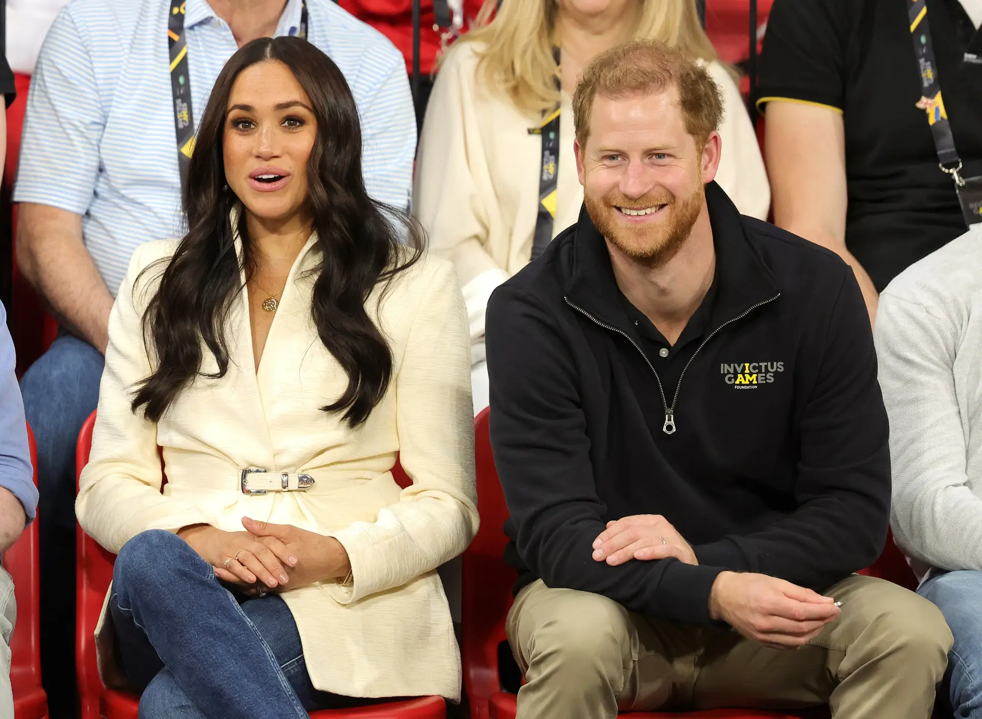 THE HAGUE, NETHERLANDS – APRIL 17: Prince Harry, Duke of Sussex and Meghan, Duchess of Sussex attend the sitting volleyball during day two of the Invictus Games The Hague 2020 at Zuiderpark on April 17, 2022 in The Hague, Netherlands. (Photo by Chris Jackson/Getty Images for the Invictus Games Foundation)