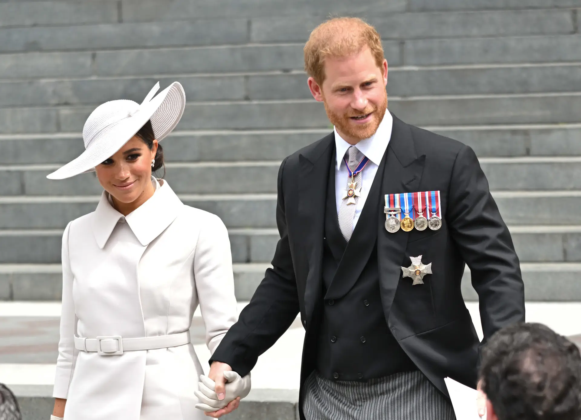 LONDON, ENGLAND – JUNE 03: Meghan, Duchess of Sussex and Prince Harry, Duke of Sussex attend the National Service of Thanksgiving at St Paul’s Cathedral on June 03, 2022 in London, England. The Platinum Jubilee of Elizabeth II is being celebrated from June 2 to June 5, 2022, in the UK and Commonwealth to mark the 70th anniversary of the accession of Queen Elizabeth II on 6 February 1952. (Photo by Karwai Tang/WireImage)