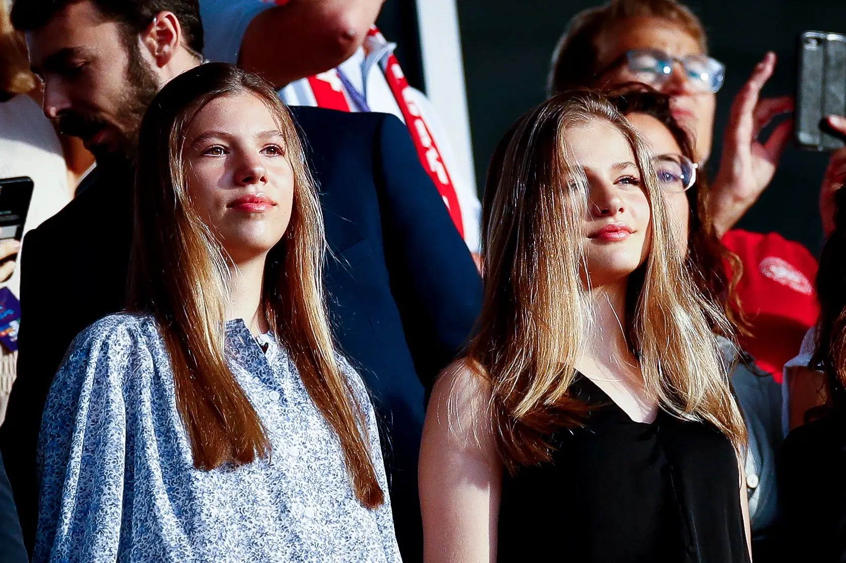 BRENTFORD, ENGLAND – JULY 16: Infanta Leonor of Spain and Infanta Sofia of Spain look on prior to the UEFA Women’s Euro England 2022 group B match between Denmark and Spain at Brentford Community Stadium on July 16, 2022 in Brentford, United Kingdom. (Photo by Matteo Ciambelli/DeFodi Images via Getty Images)