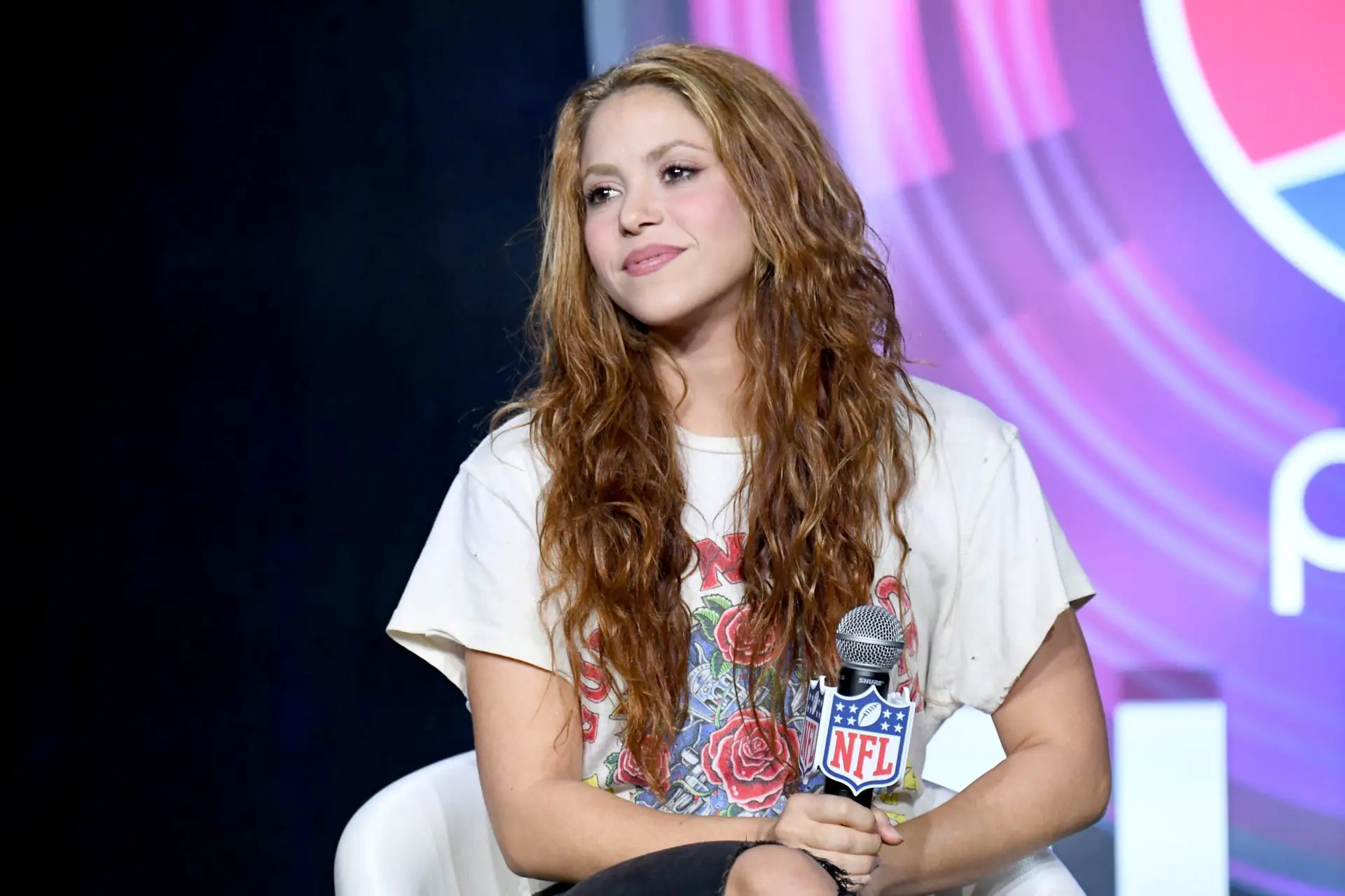 MIAMI, FLORIDA – JANUARY 30: Shakira speaks onstage during the Pepsi Super Bowl LIV Halftime Show Press Conference at Hilton Miami Downtown on January 30, 2020 in Miami, Florida. (Photo by Jeff Kravitz/FilmMagic)