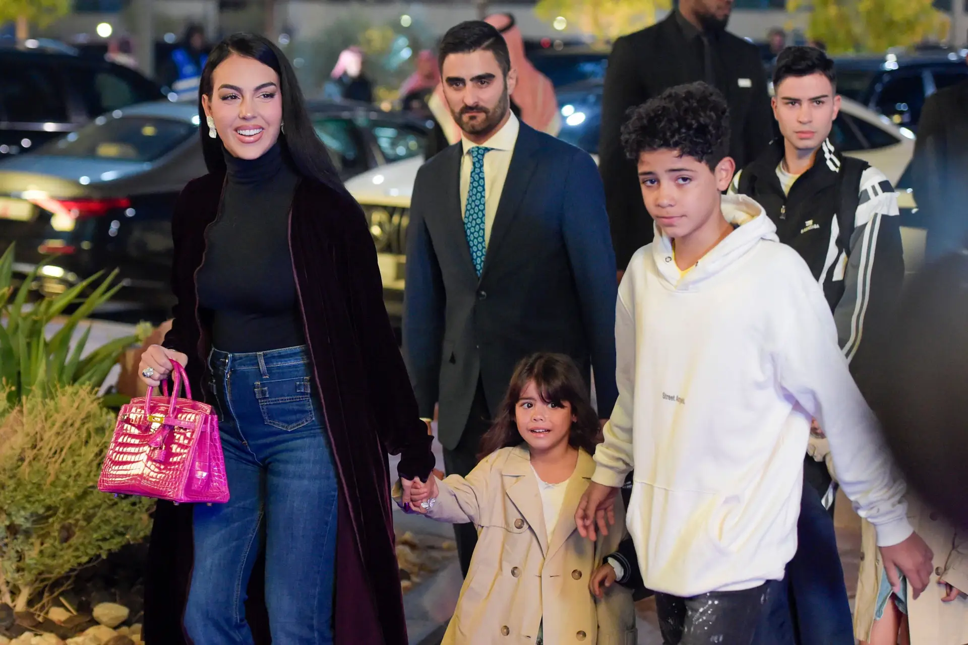 RIYADH, SAUDI ARABIA – JANUARY 03: Georgina Rodriguez and family arrive at the stadium during the official unveiling of Cristiano Ronaldo as an Al Nassr player at Mrsool Park Stadium on January 3, 2023 in Riyadh, Saudi Arabia. (Photo by Khalid Alhaj/MB Media/Getty Images)