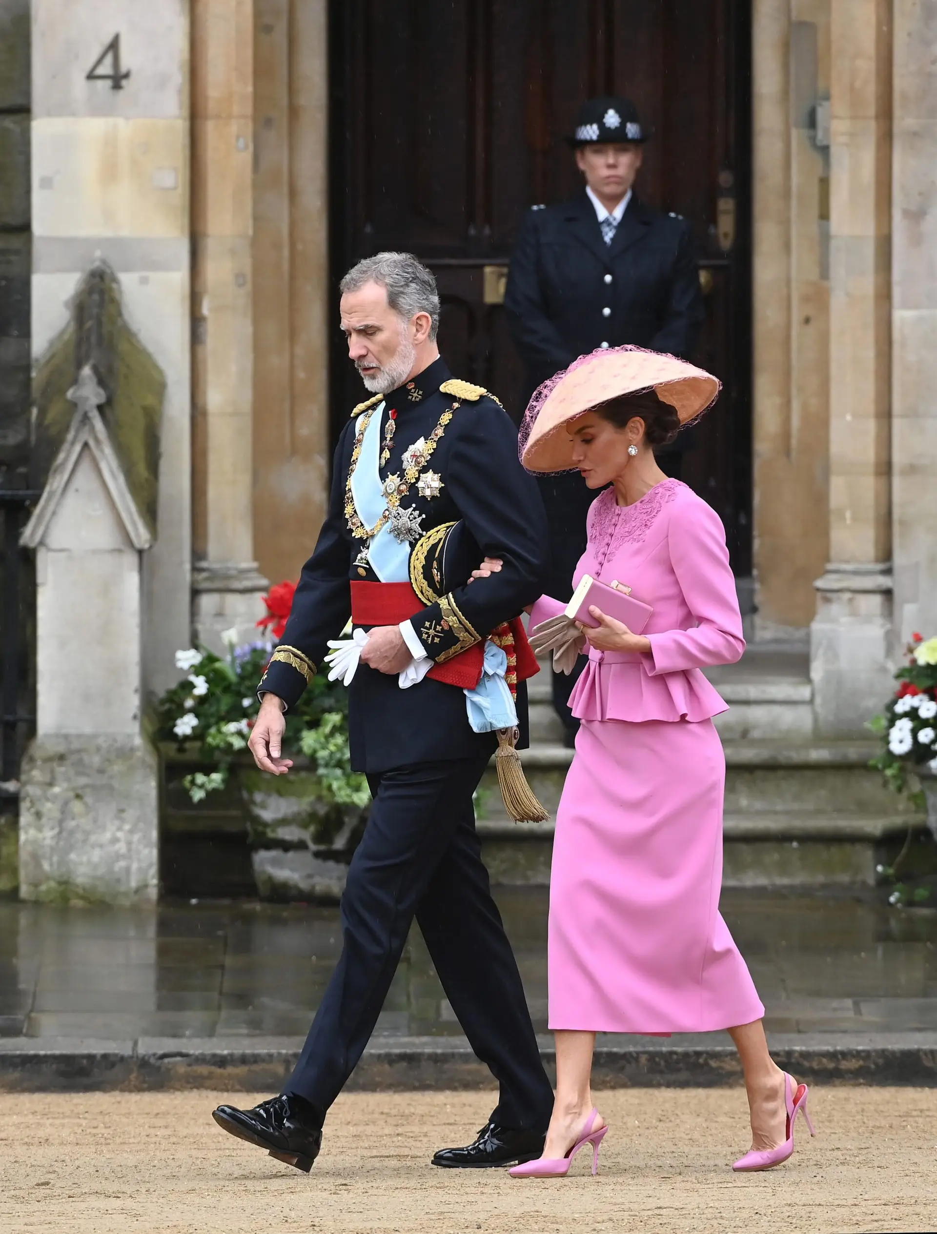 LONDON, ENGLAND – MAY 06: Felipe VI of Spain and Queen Letizia of Spain arrive at the Coronation of King Charles III and Queen Camilla on May 06, 2023 in London, England. The Coronation of Charles III and his wife, Camilla, as King and Queen of the United Kingdom of Great Britain and Northern Ireland, and the other Commonwealth realms takes place at Westminster Abbey today. Charles acceded to the throne on 8 September 2022, upon the death of his mother, Elizabeth II. (Photo by Stuart C. Wilson/Getty Images)