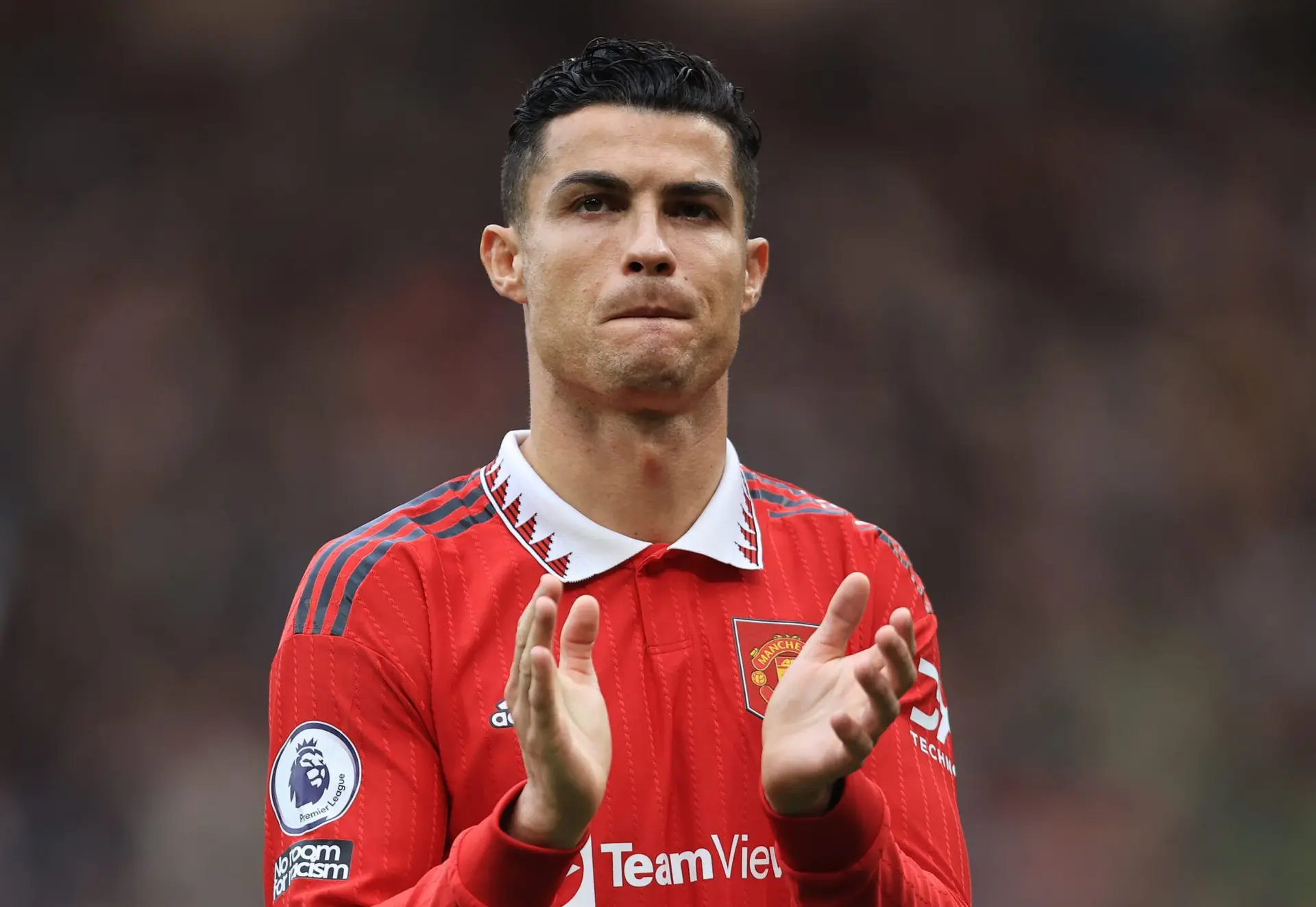 MANCHESTER, ENGLAND – OCTOBER 16: Cristiano Ronaldo of Manchester United applauds after the Premier League match between Manchester United and Newcastle United at Old Trafford on October 16, 2022 in Manchester, United Kingdom. (Photo by Simon Stacpoole/Offside/Offside via Getty Images)