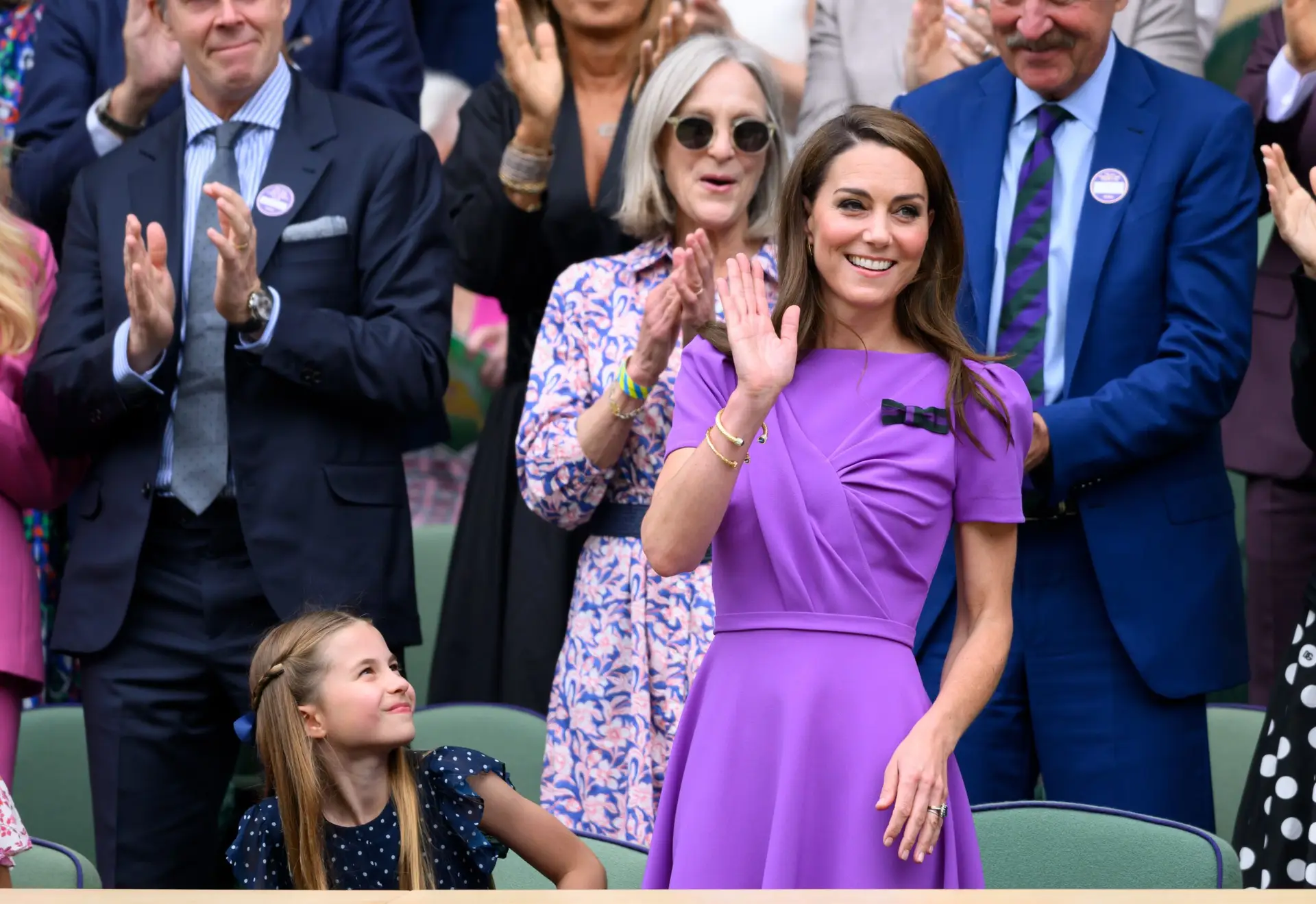 LONDON, ENGLAND – JULY 14: Princess Charlotte of Wales and Catherine, Princess of Wales court-side of Centre Court during the men’s final on day fourteen of the Wimbledon Tennis Championships at the All England Lawn Tennis and Croquet Club on July 14, 2024 in London, England. (Photo by Karwai Tang/WireImage)