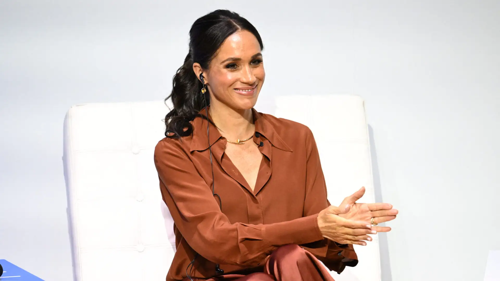 American actress Meghan Markle smiles during the ‘Responsible Digital Future’ forum in Bogota on August 15, 2024. Prince Harry and his wife, American actress Meghan Markle, arrived in Colombia at the invitation of Marquez, with whom they will attend various meetings with women and young people to reject discrimination and cyberbullying. (Photo by Raul ARBOLEDA / AFP) (Photo by RAUL ARBOLEDA/AFP via Getty Images)