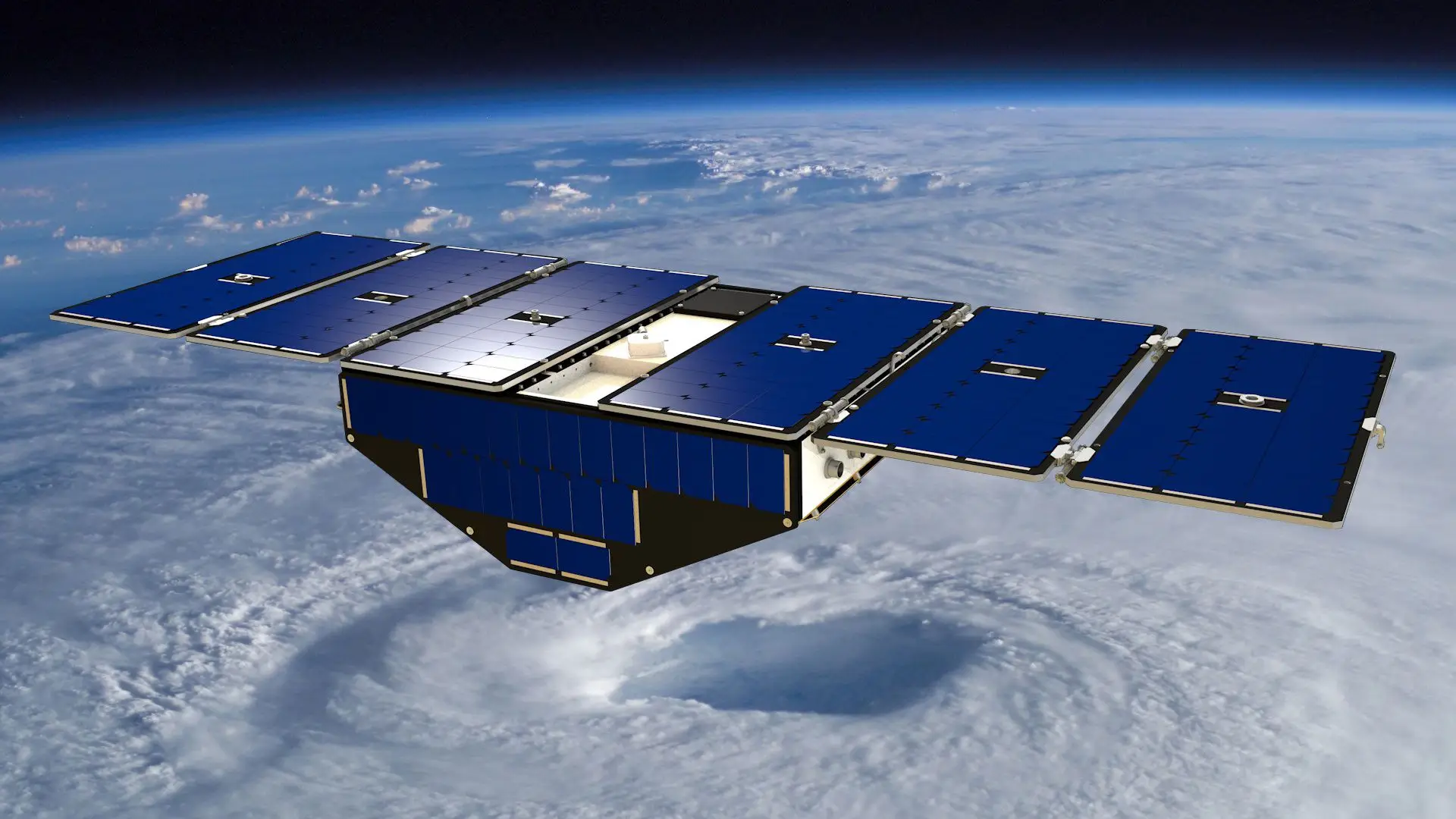 Ilustração de um dos oito micro-satélites a sobrevoar um furacão.