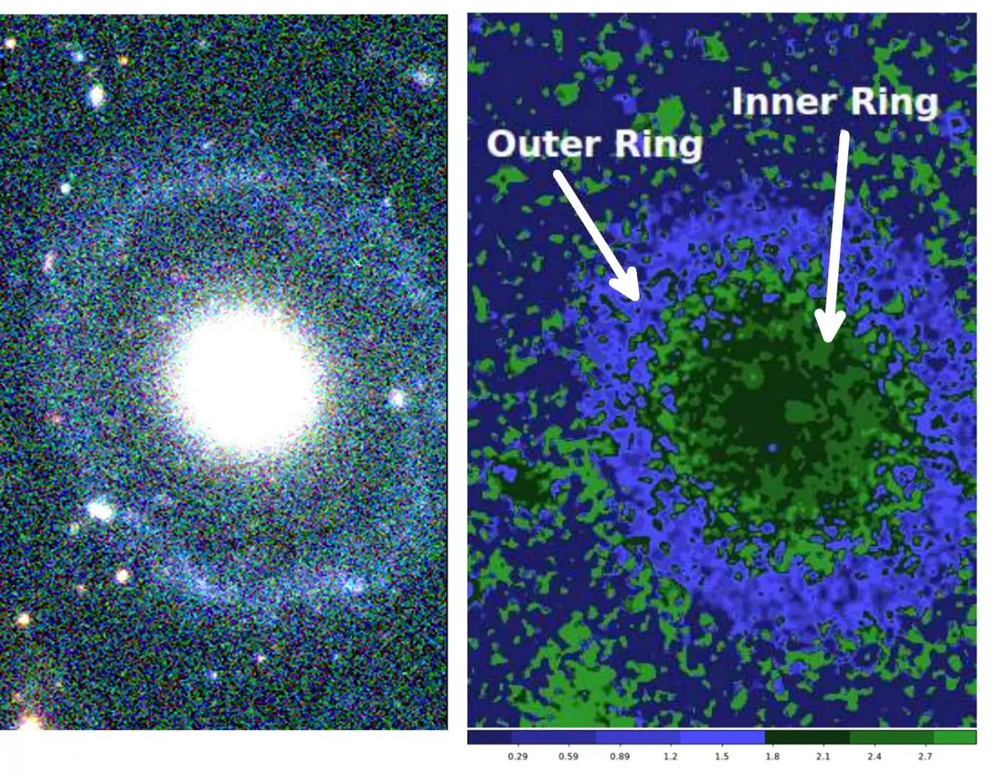 A imagem da esquerda mostra a PGC 1000714 com as cores alteradas. A da direita, com um mapa de cor que permite observar o anel exterior (azul) e o interior (verde claro)