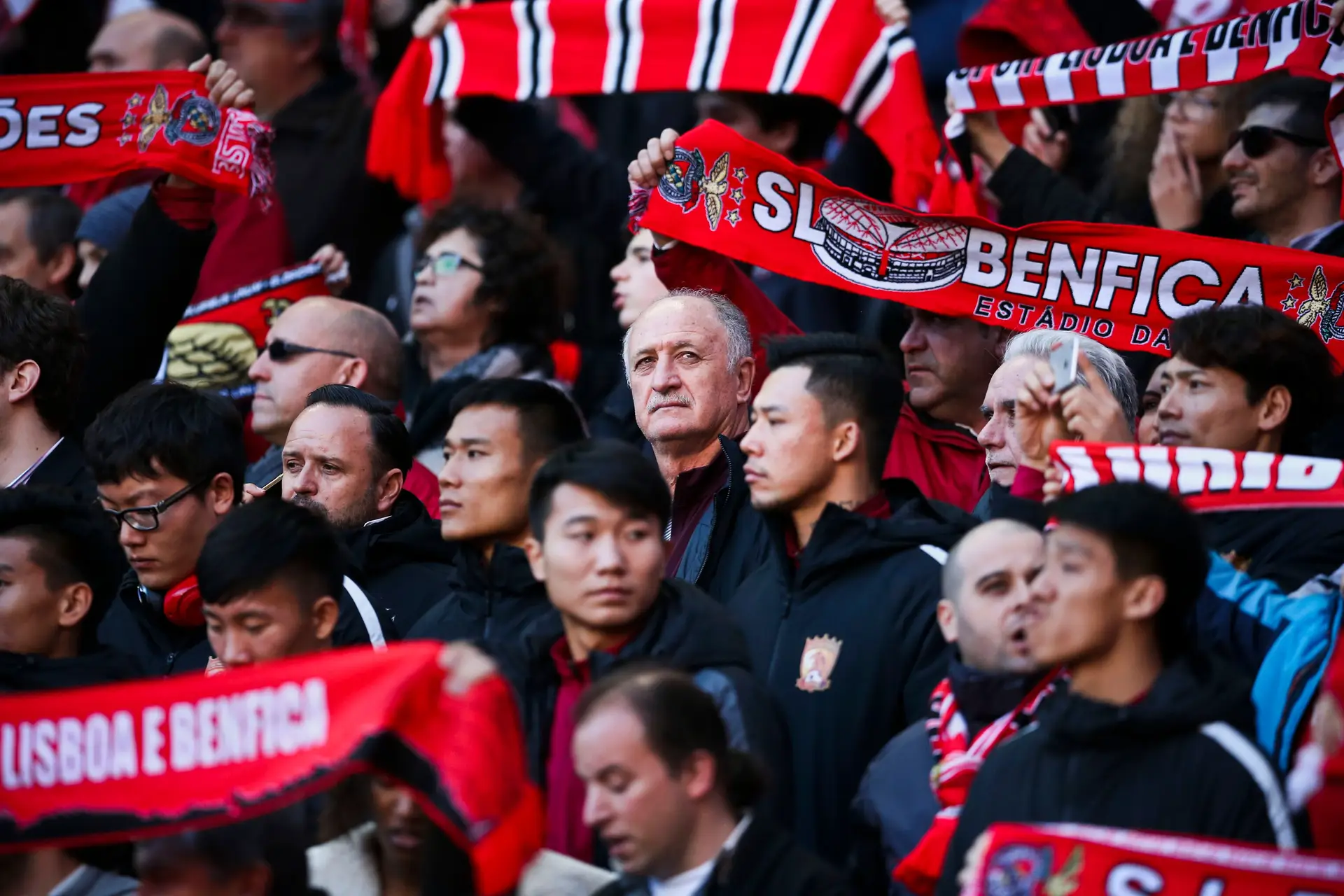O antigo selecionador nacional Luiz Felipe Scolari, atual treinador dos chineses do Guangzhou Evergrande, marcou presença nas bancadas da Luz.