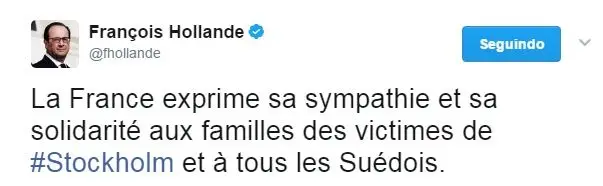 François Hollande lamenta ataque em Estocolmo