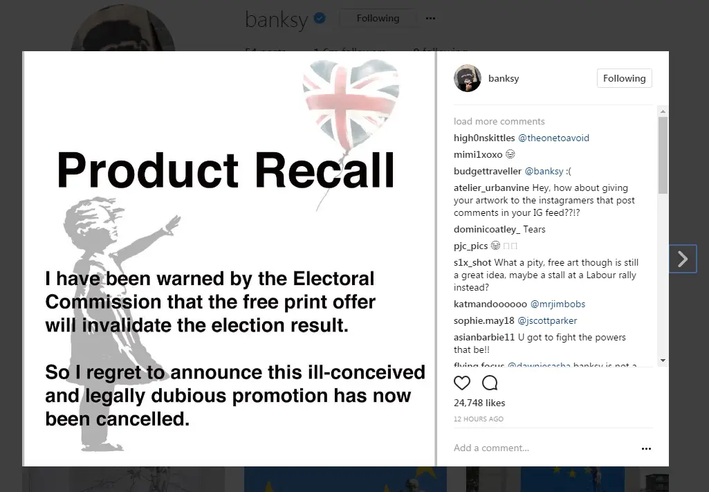 Banksy obrigado a retirar "oferta eleitoral" após queixas à polícia