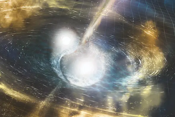 Desenho da colisão de duas estrelas de neutrões
