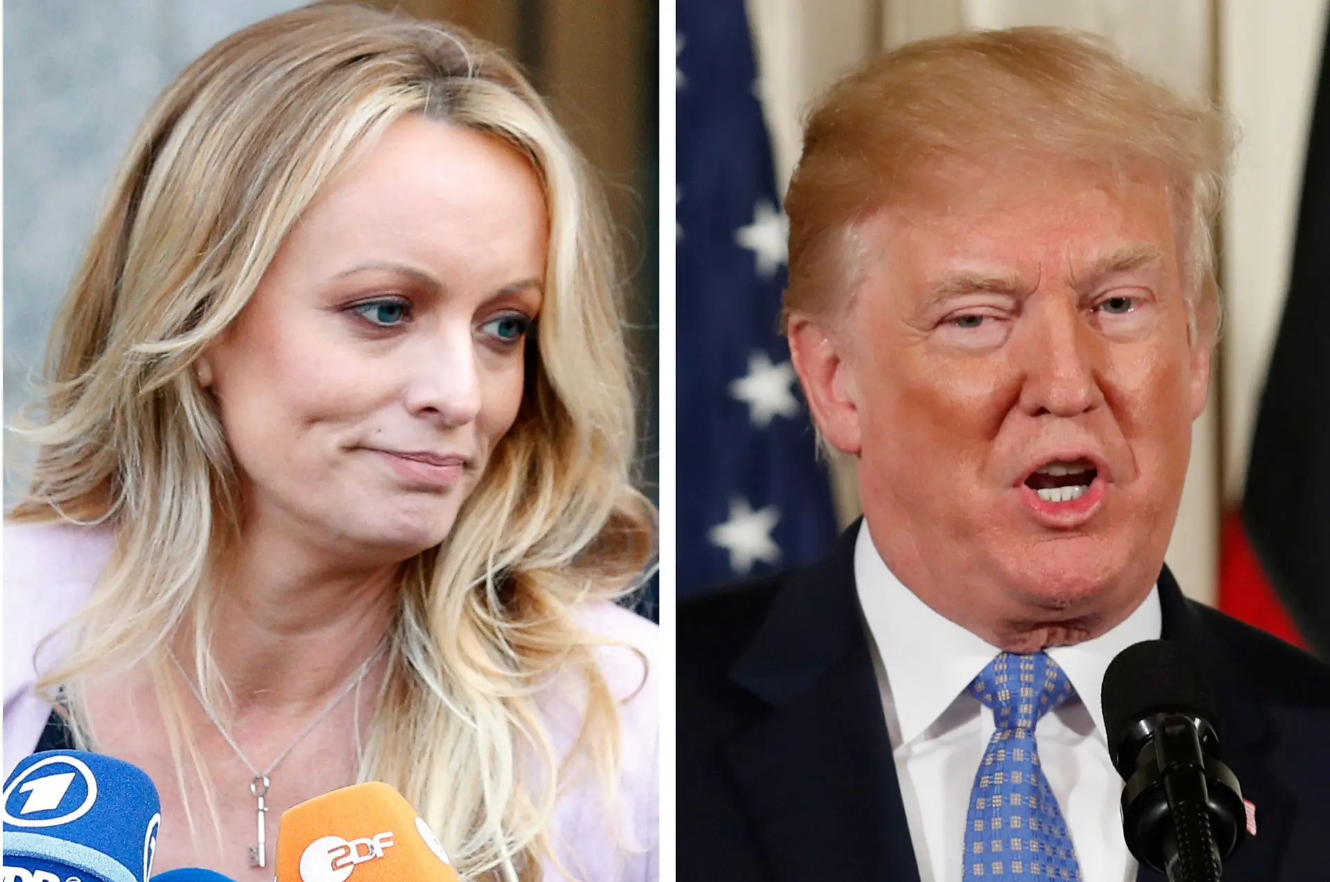 Stormy Daniels (à esquerda) e Donald Trump enfrentam-se num processo judicial desde que, no princípio do ano, foi publicado na imprensa que Cohen fez um pagamento à atriz antes das presidenciais norte-americanas em 2016.