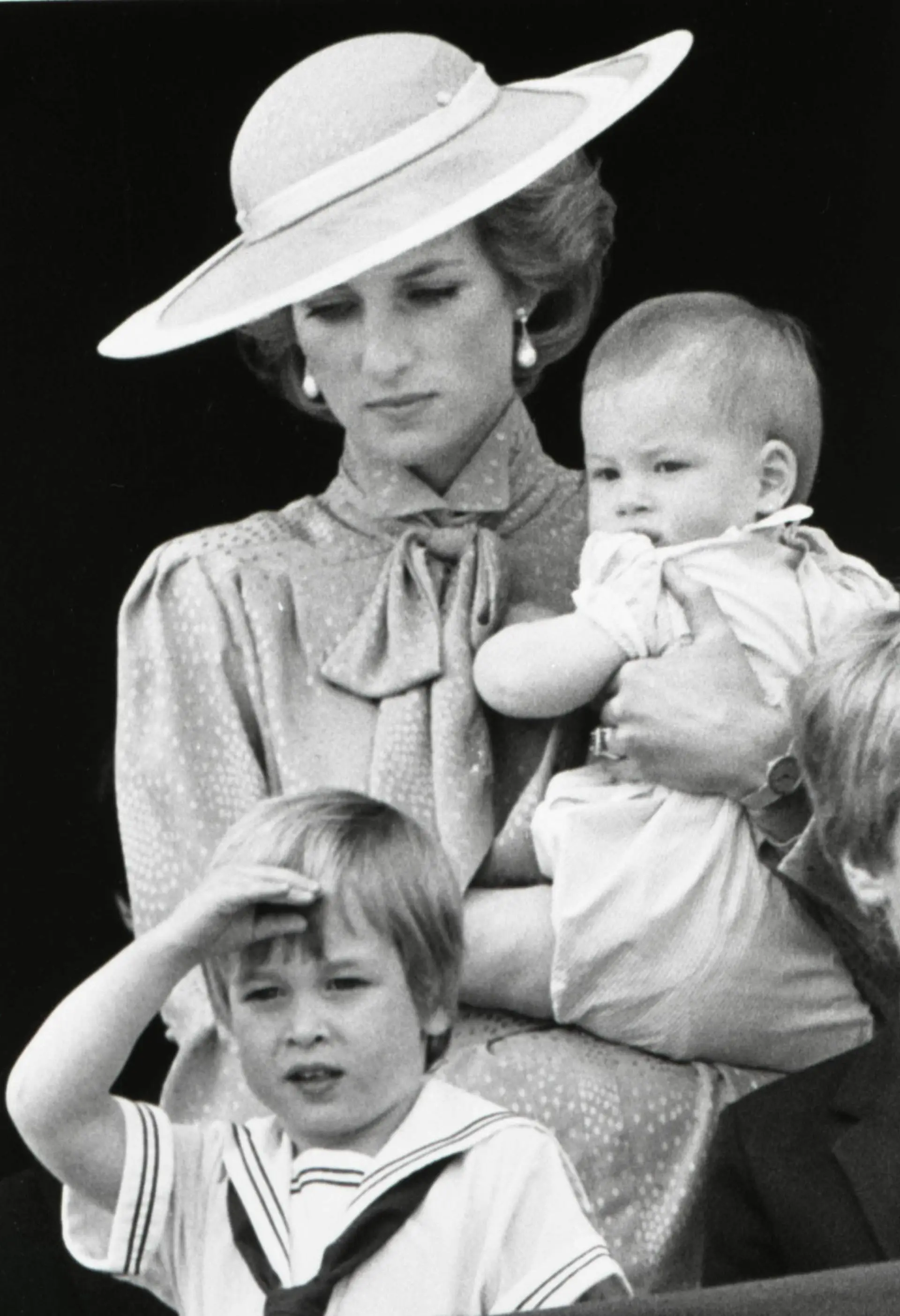 O príncipe Harry ao colo da mãe, Diana, e o irmão, o príncipe William. (15/06/1985)