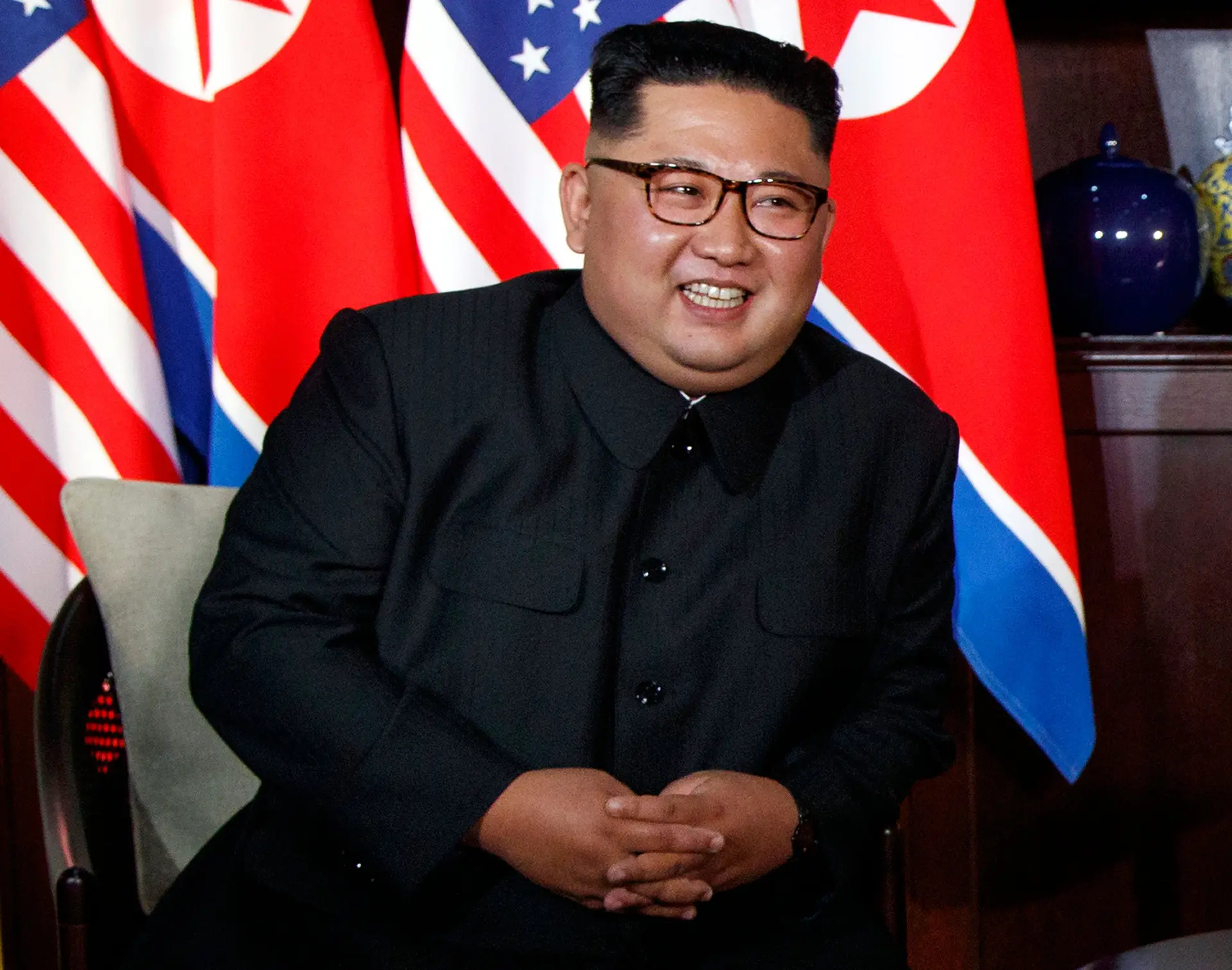 Kim Jong-Un na Cimeira com Donald Trump, Presidente dos Estados Unidos, em Singapura.
