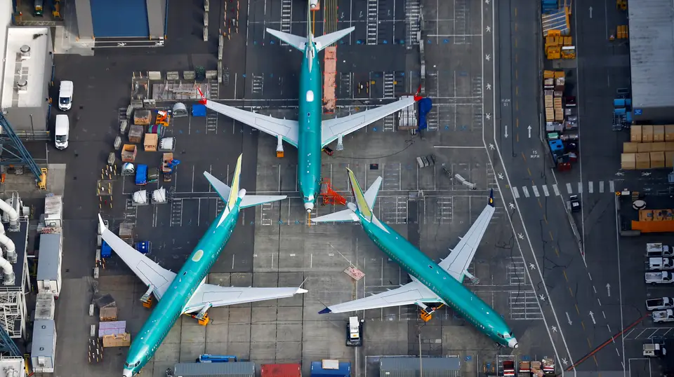 Uma fotografia aérea de aviões Boeing 737 Max na fábrica da Boeing em Washington, nos Estados Unidos.