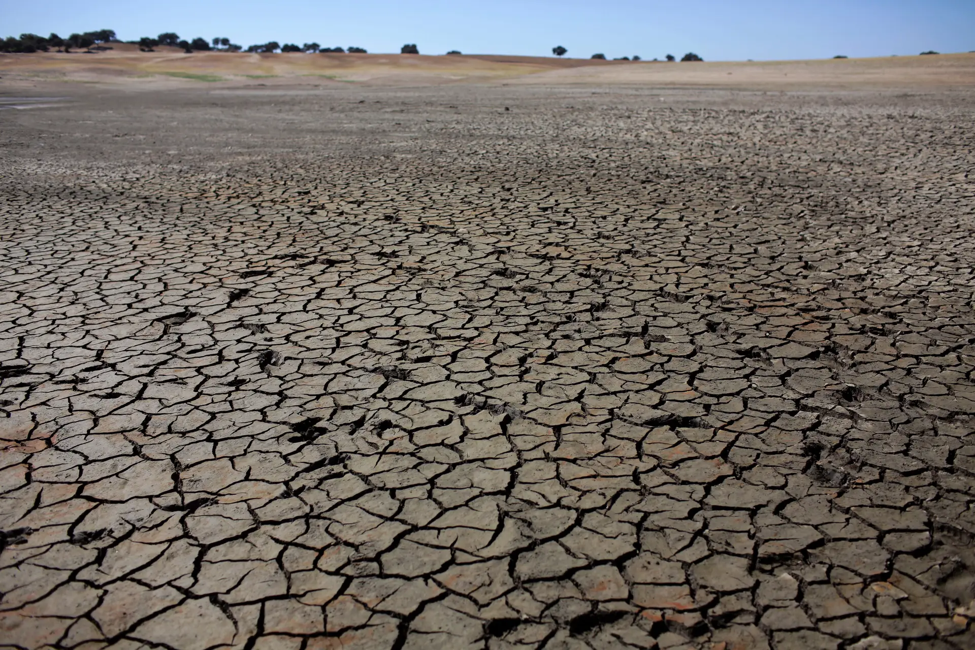 Os efeitos da seca na barragem do Pego do Altar, na ribeira das Alcáçovas, na bacia do rio Sado, na freguesia de Santa Susana, no sul de Portugal.