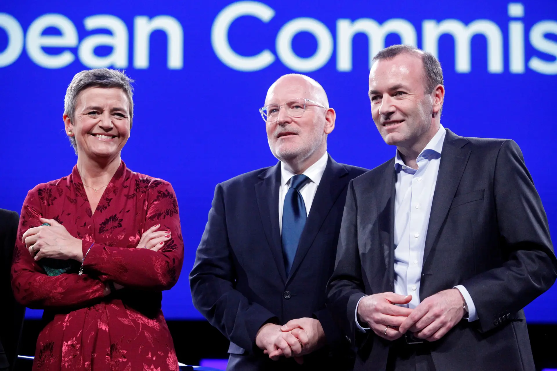 Margrethe Vestager (ALDE), Frans Timmermans (PES) e Manfred Weber (EPP) 