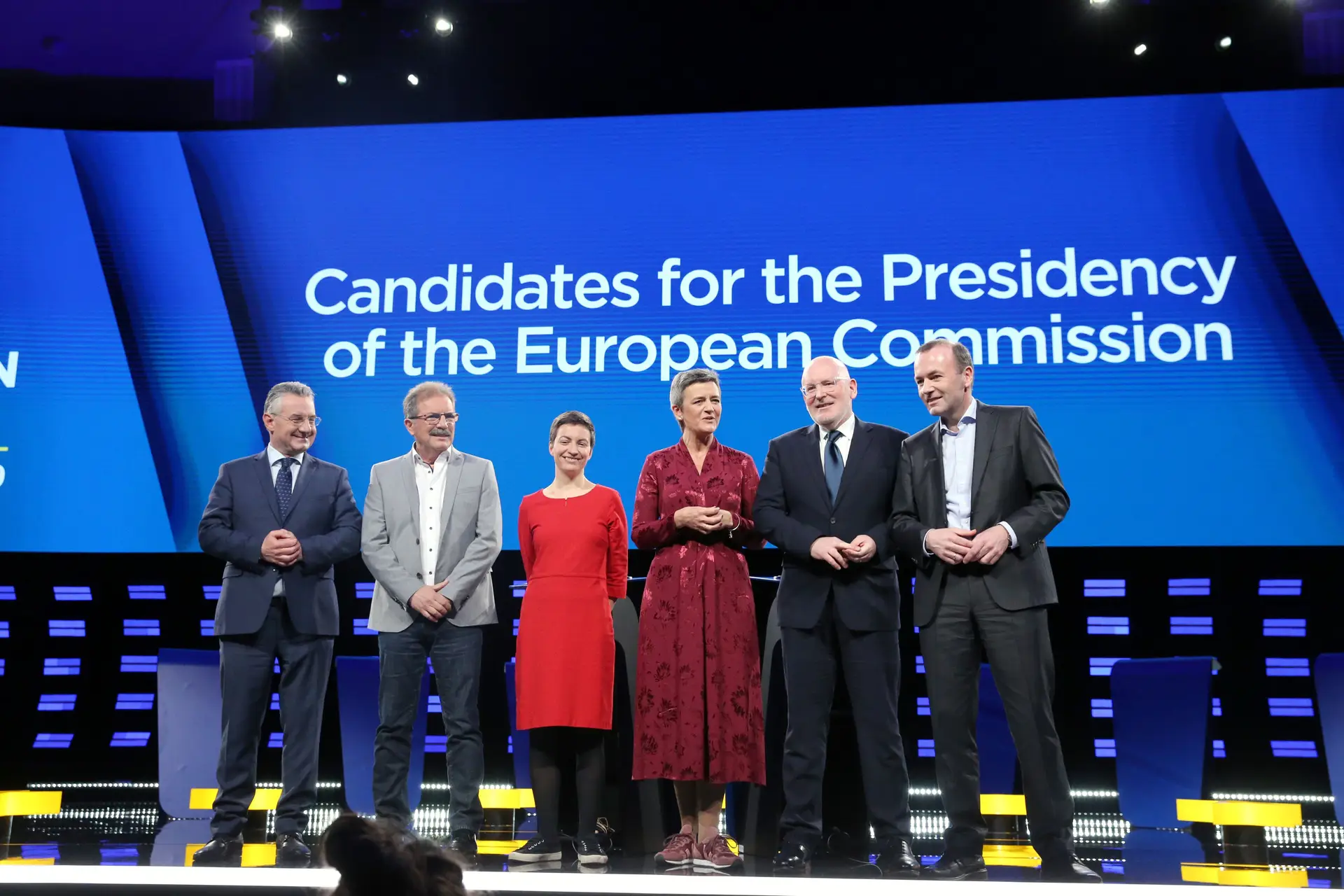 Os principais candidatos à liderança da Comissão Europeia: Jan Zahradil (Aliança dos Reformistas e Conservadores Europeus), Nico Cue (Esquerda Europeia), Ska Keller (Verdes) Margrethe Vestager (ALDE), Frans Timmermans (socialista)