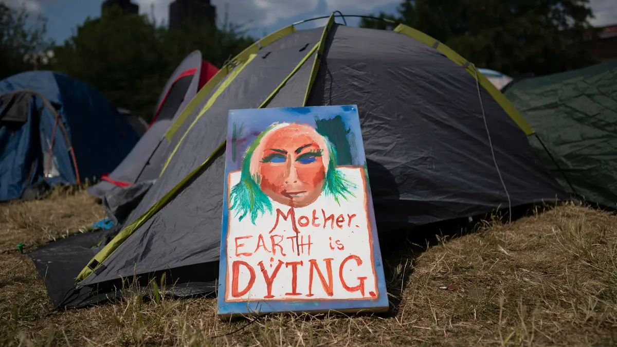 Um acampamento do grupo Extinction Rebellion em Londres, no âmbito da semana de protestos contra as alterações climáticas em cinco cidades do Reino Unido.