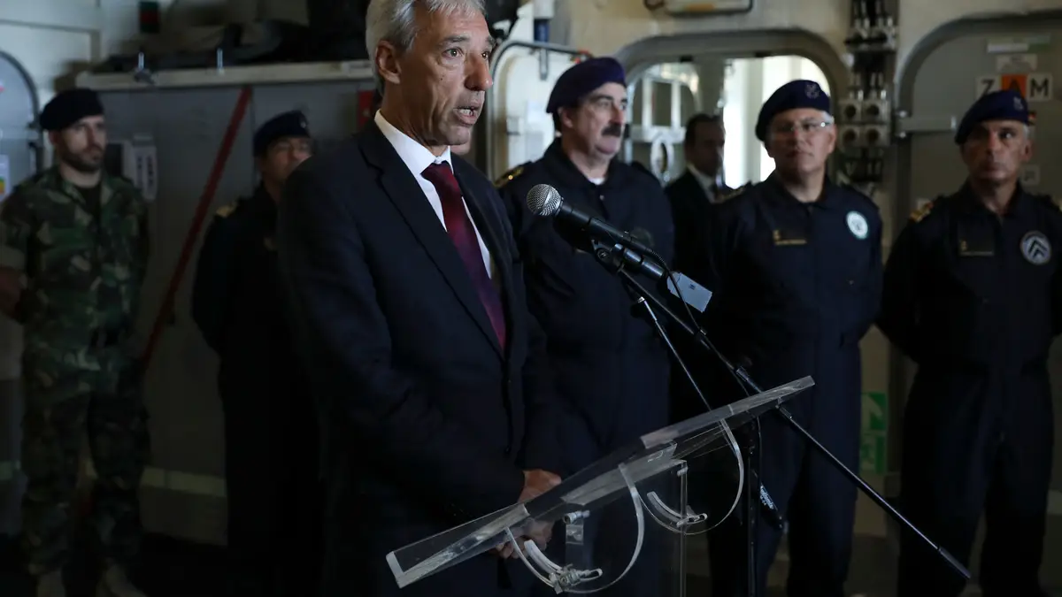 O ministro da Defesa Nacional, João Gomes Cravinho intervém para a guarnição da Fragata "D. Francisco de Almeida" na sua partida para missão da NATO no Atlântico e Mediterrâneo. Base Naval do Alfeite em Almada. 