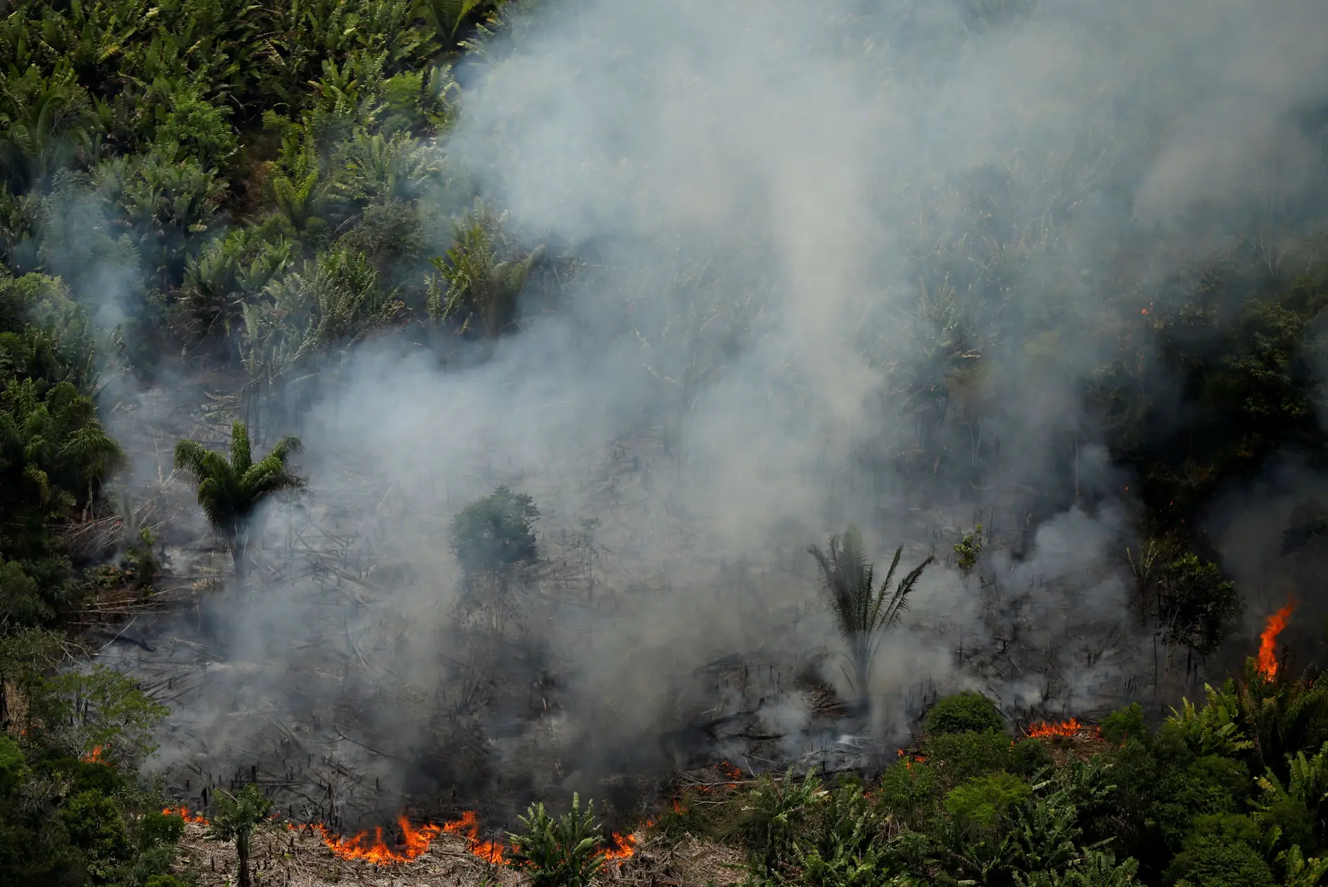 Imagens aéreas mostram um incêndio na Amazónia perto de Porto Velho.