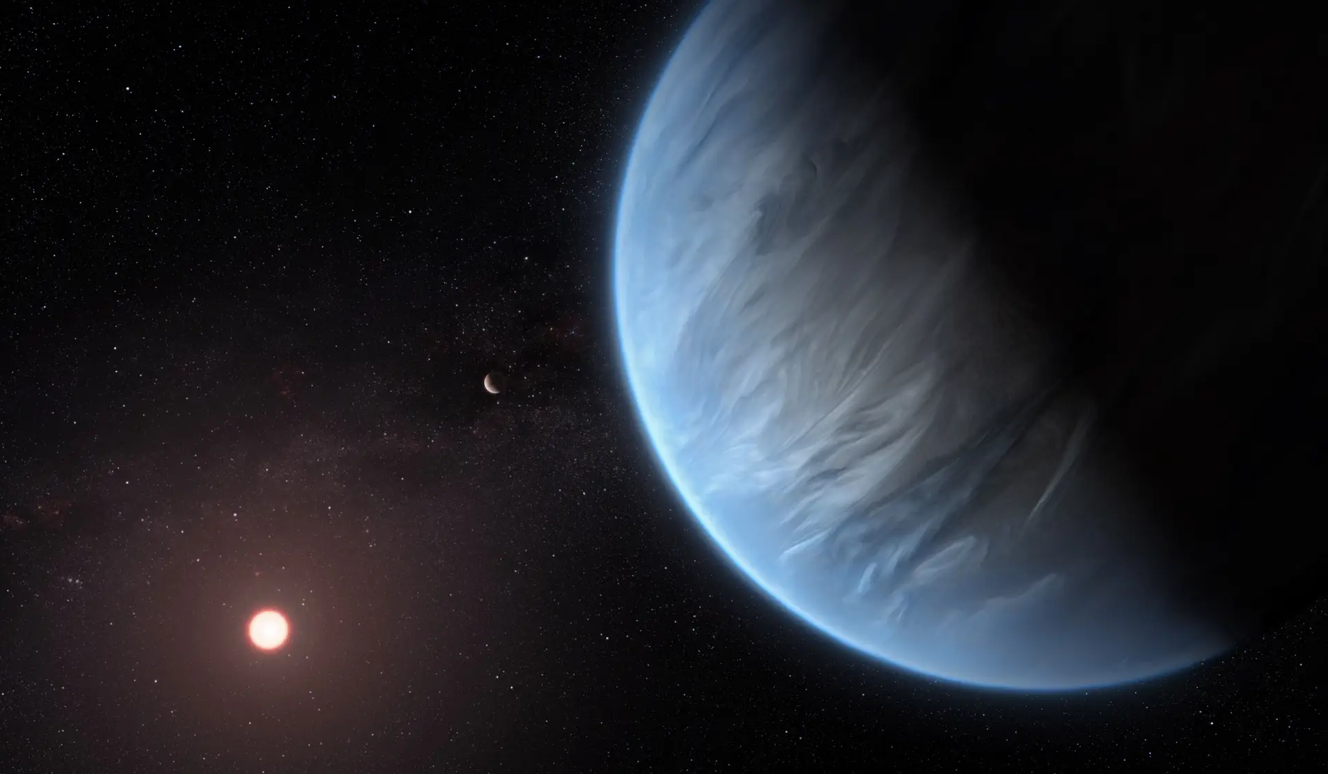 Uma representação do K2-18b e da sua estrela, partilhada pela Agência Espacial Europeia