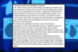 Nobel japonês acusa China de fabricar coronavírus?