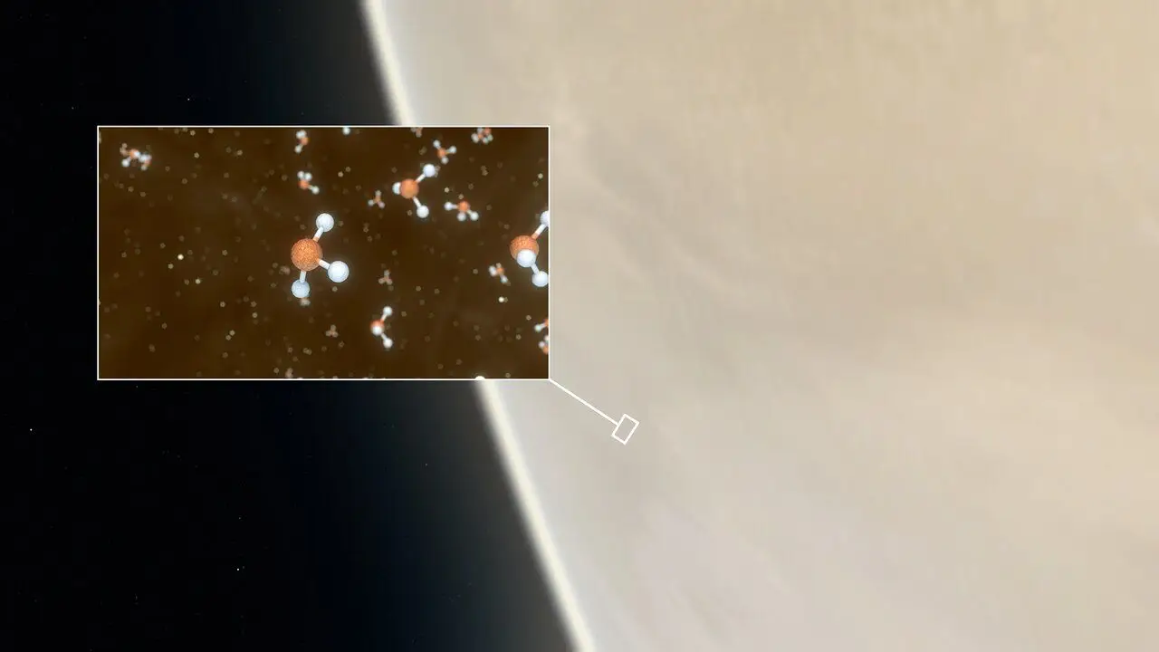 Representação de moléculas de fosfina detetadas na atmosfera de Vénus.