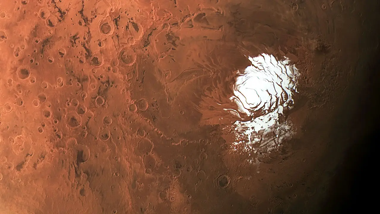 Imagem captada pela sonda Mars Express no polo sul de Marte