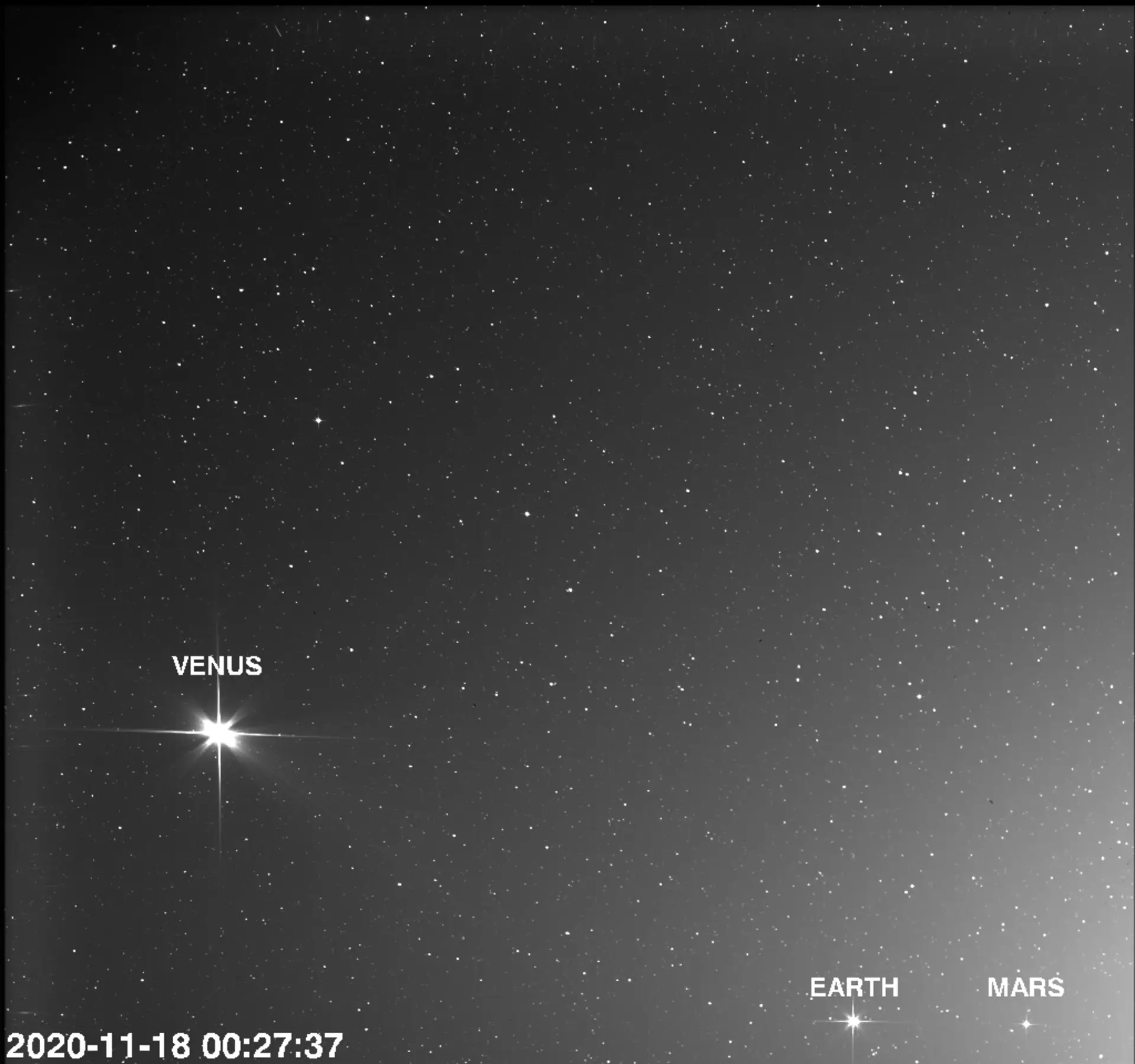 Nesta imagem, tirada a 18 de novembro de 2020, a câmara SoloHI - Heliospheric Imager - a bordo da sonda da ESA/NASA Solar Orbiter, conseguiu captar três planetas do nosso sistema solar: Vénus, Terra e Marte, bem como inúmeras estrelas longínquas. Vénus é o objeto mais brilhante na imagem e estava a 48 milhões de km de distância da sonda, a Terra estava a 251 milhões de km e Marte a 332 milhões de km. No momento deste registo, a Solar Orbiter estava a caminho de Vénus para a sua primeira passagem no trajeto até ao Sol, que deverá alcançar em 2022.