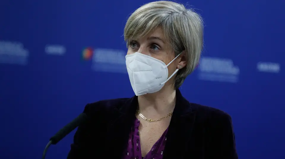 A ministra da Saúde, Marta Temido, durante a conferência de imprensa para fazer um breve balanço do ponto da situação sobre o Plano de Vacinação contra a covid-19