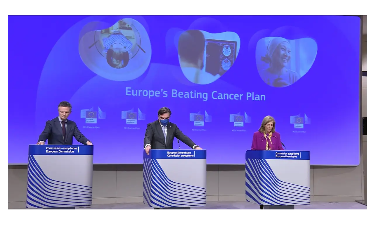 Margaritis Schinas, vice presidente da Comissão Europeia e Stella Kyriakides, Comissária da Saúde e Segurança Alimentar, na sessão de apresentação do Plano Europeu de Combate ao Cancro