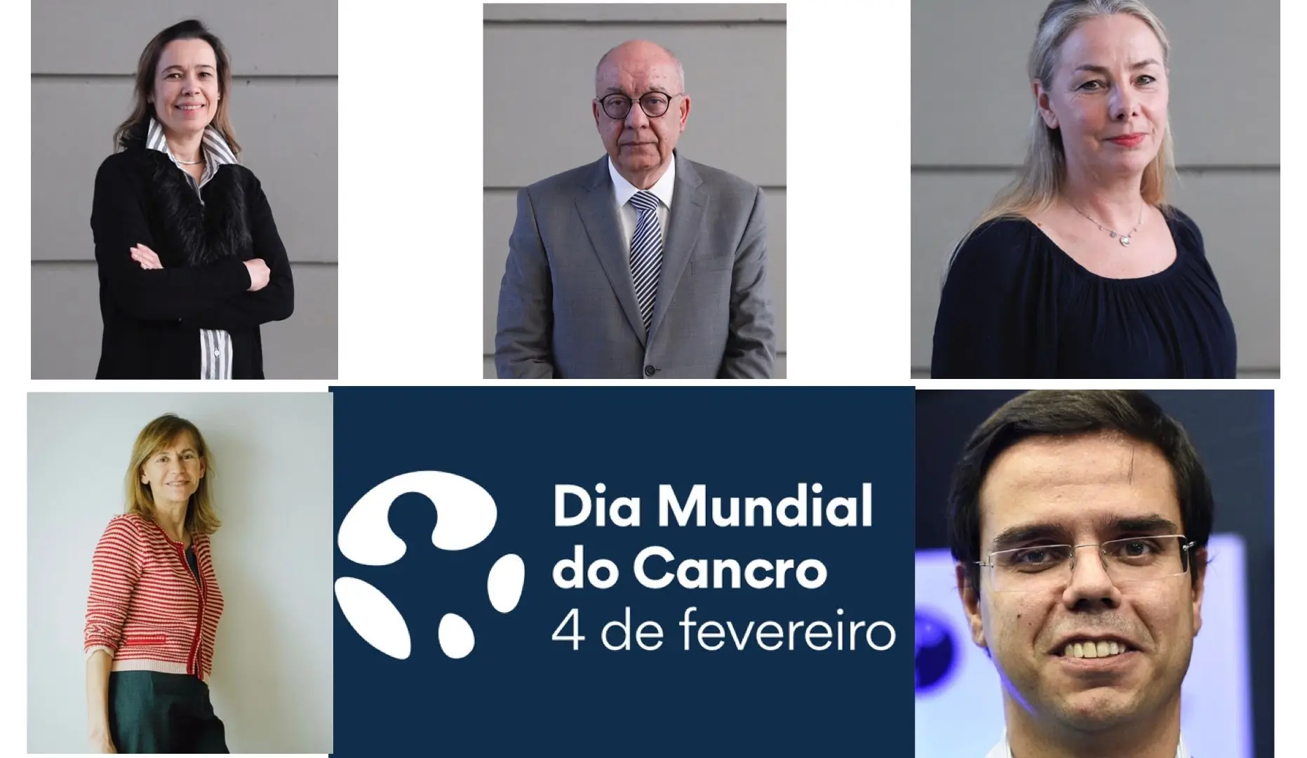 (da esquerda para a direita, de cima para baixo). Ana Raimundo, Presidente da Sociedade Portuguesa de Oncologia (SPO); Vítor Neves, presidente da Europacolon Portugal, Tamara Milagre, presidente da EVITA, Margarida Cruz, presidente da Acreditar e Nuno Jacinto, presidente da Associação Portuguesa de Medicina Geral e Familiar (APMGF)