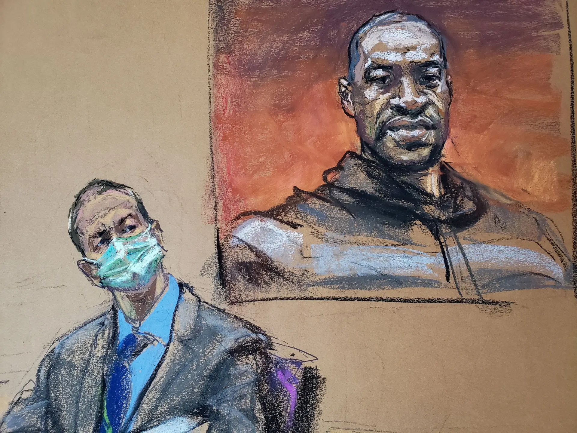 Esboço do tribunal com Derek Chauvin, o ex-agente da polícia de Minneapolis acusado do homicídio do afro-americano George Floyd, sentado junto a uma imagem de Floyd.