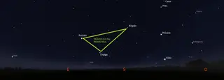 Céu às 22:00 horas do dia 27 de abril em Lisboa, com a Super Lua, o planeta Marte, o triângulo da Primavera e as estrelas mais brilhantes.