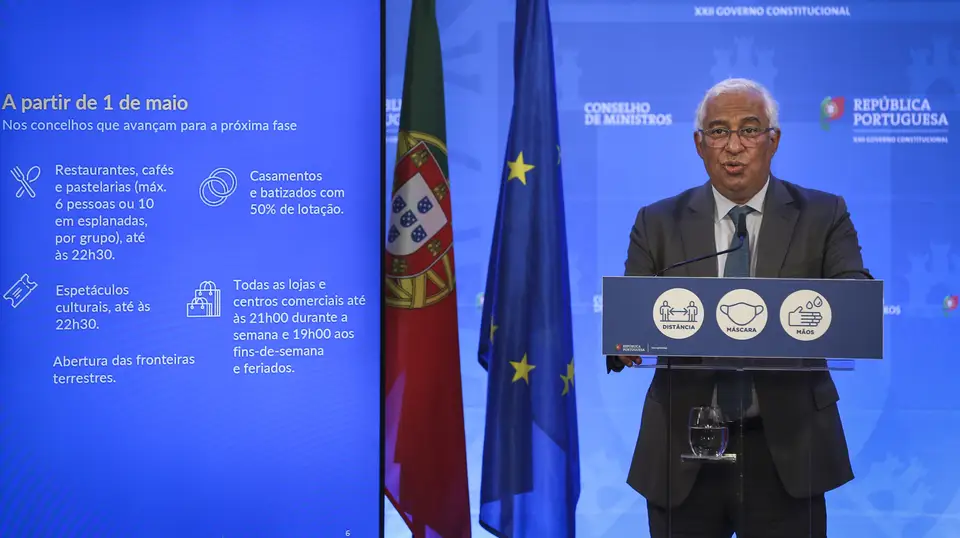 O primeiro ministro António Costa, intervém durante a conferência de imprensa para a apresentação das medidas no âmbito da estratégia de desconfinamento, em Lisboa
