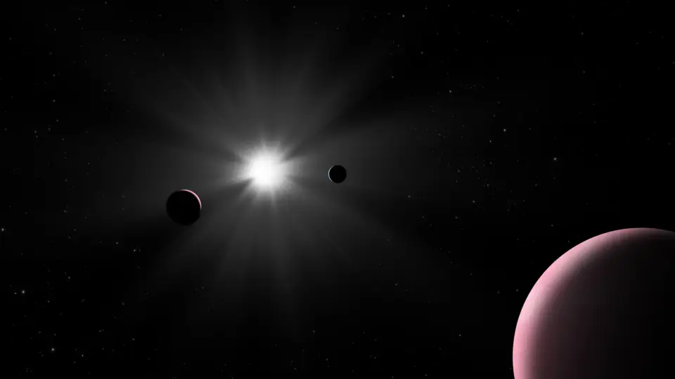 Impressão artística do sistema planetário Nu2 Lupi.